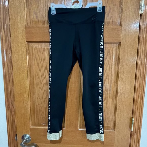 Nike Pants - NIKE Dri-Fit Womens M Black Just Do It Logo Gold Leggings Jogger Gold Accent EUC